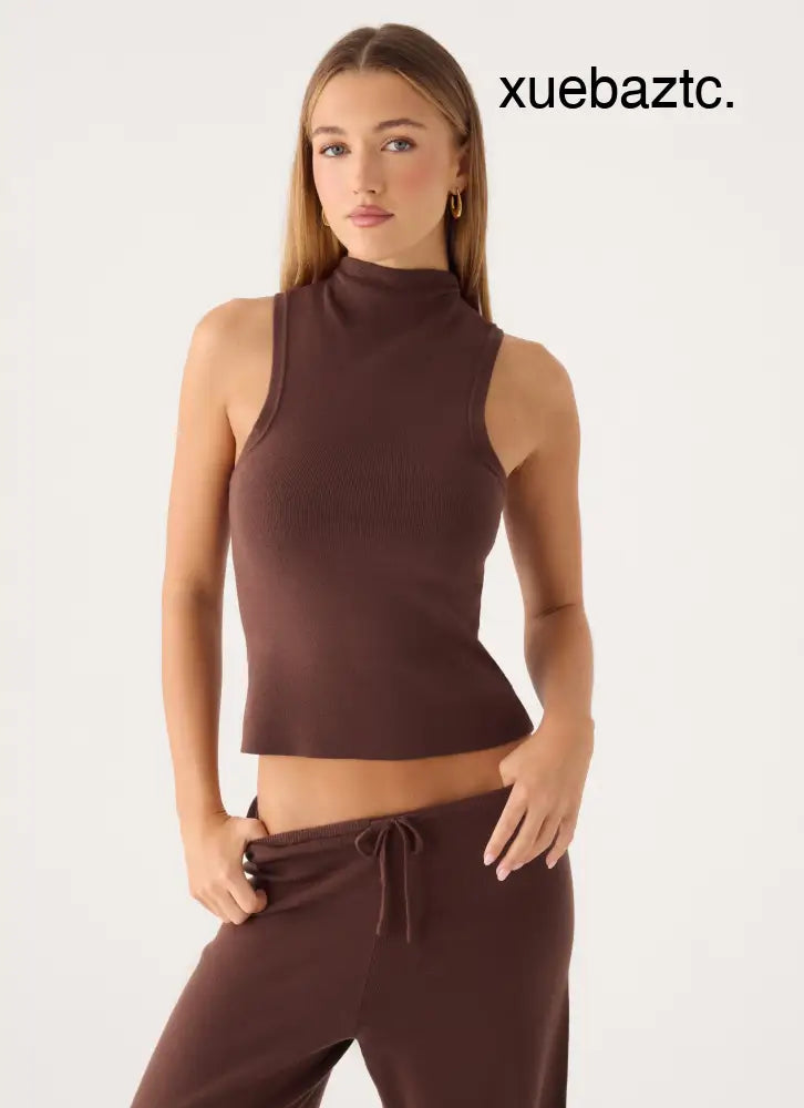 Aviara Knit High Neck Top - Chocolate - Knit Tops
