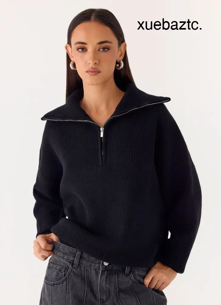 Eirena Quarter Zip Knit Sweater - Black - Jumpers + Knits