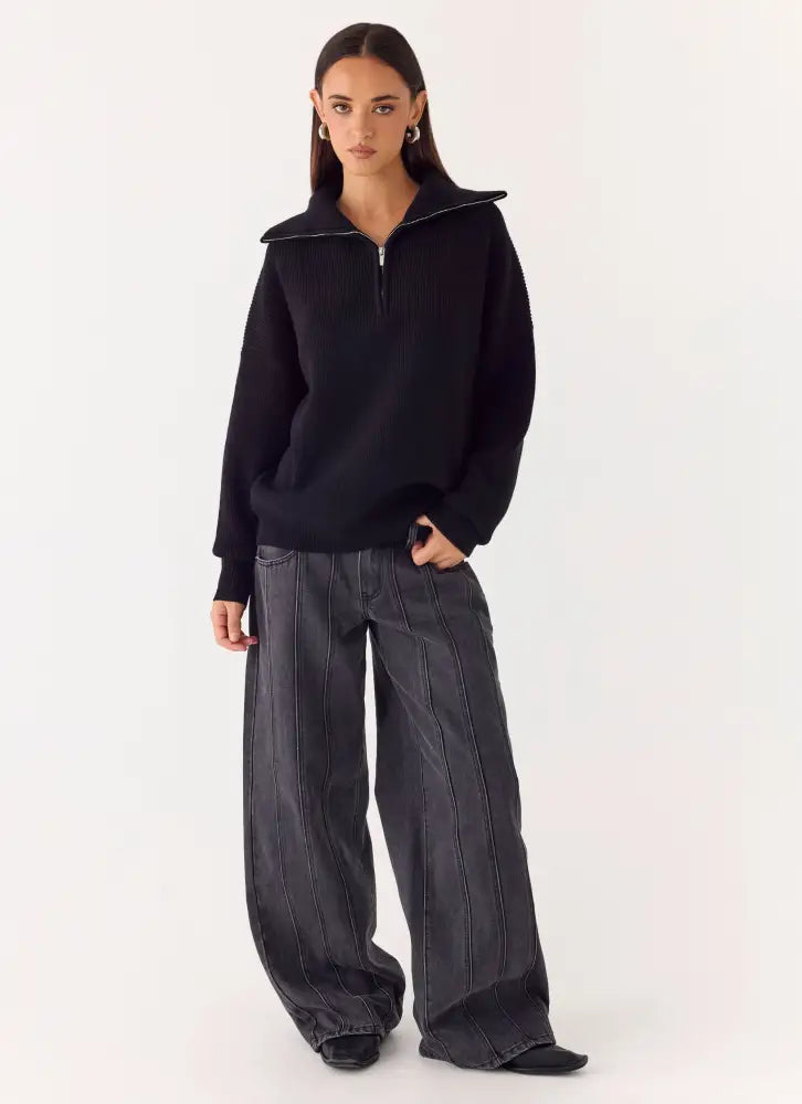 Eirena Quarter Zip Knit Sweater - Black - Jumpers + Knits