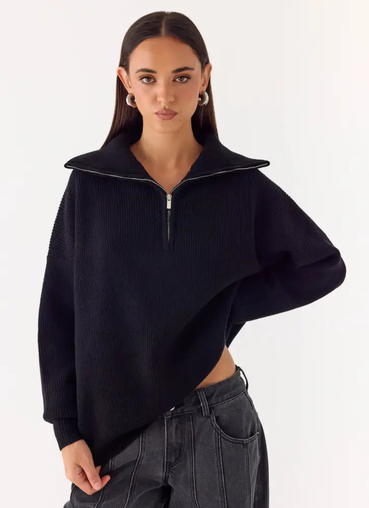 Eirena Quarter Zip Knit Sweater - Black - Jumpers + Knits