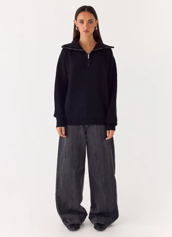 Eirena Quarter Zip Knit Sweater - Black - Jumpers + Knits