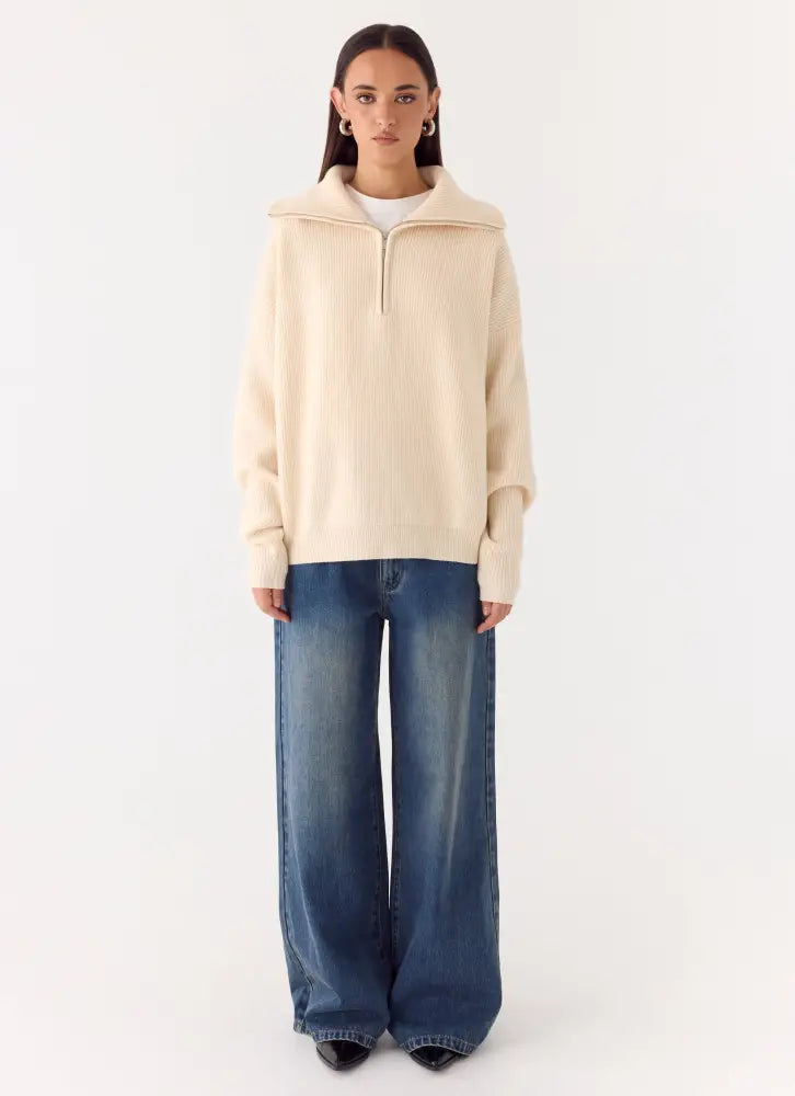 Eirena Quarter Zip Knit Sweater - Cream - Jumpers + Knits