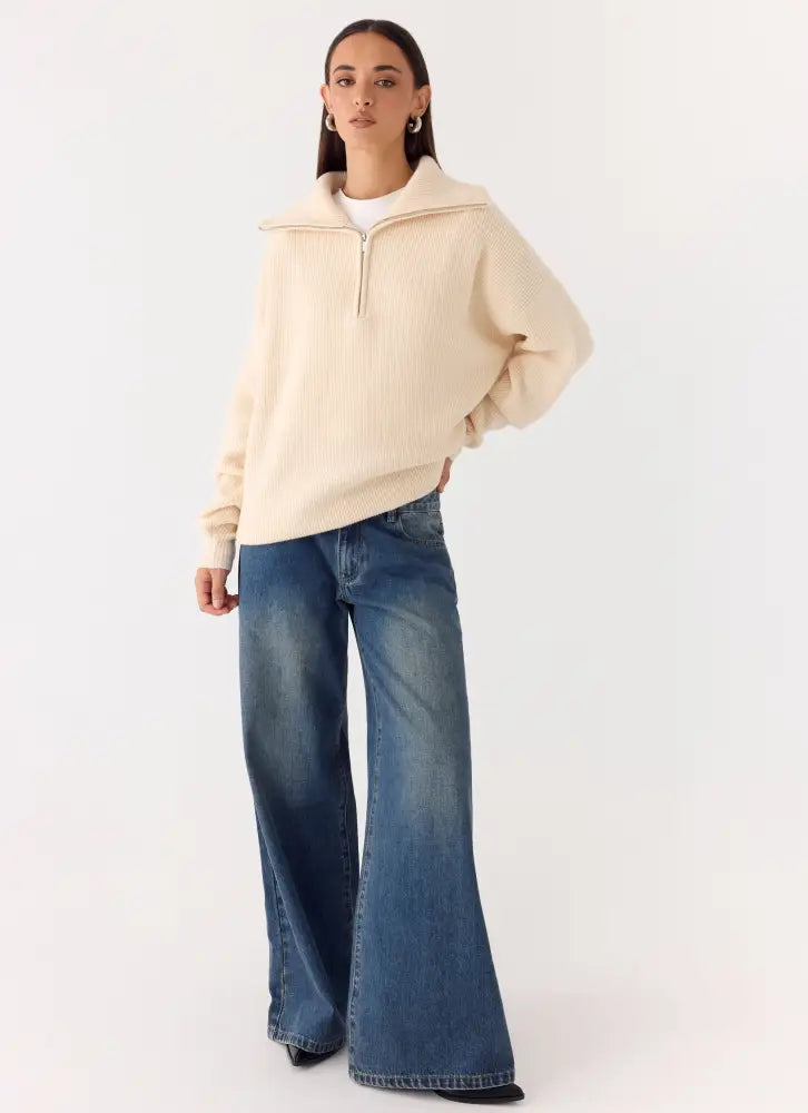 Eirena Quarter Zip Knit Sweater - Cream - Jumpers + Knits