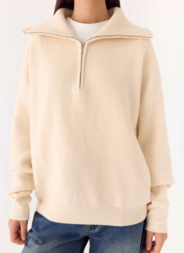 Eirena Quarter Zip Knit Sweater - Cream - Jumpers + Knits