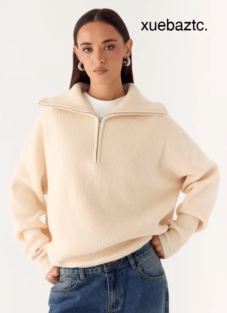Eirena Quarter Zip Knit Sweater - Cream - Jumpers + Knits
