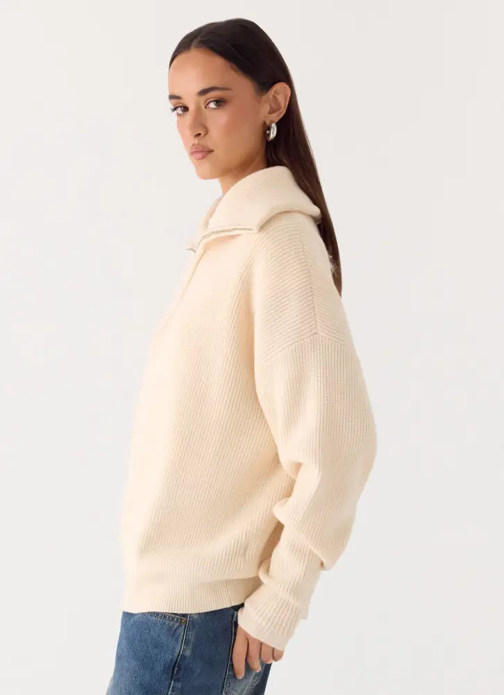 Eirena Quarter Zip Knit Sweater - Cream - Jumpers + Knits