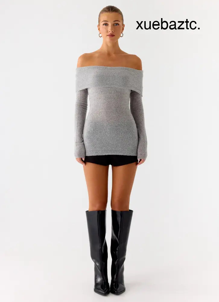 Romeo Bardot Knit Top - Grey - Tops