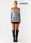 Romeo Bardot Knit Top - Grey - Tops